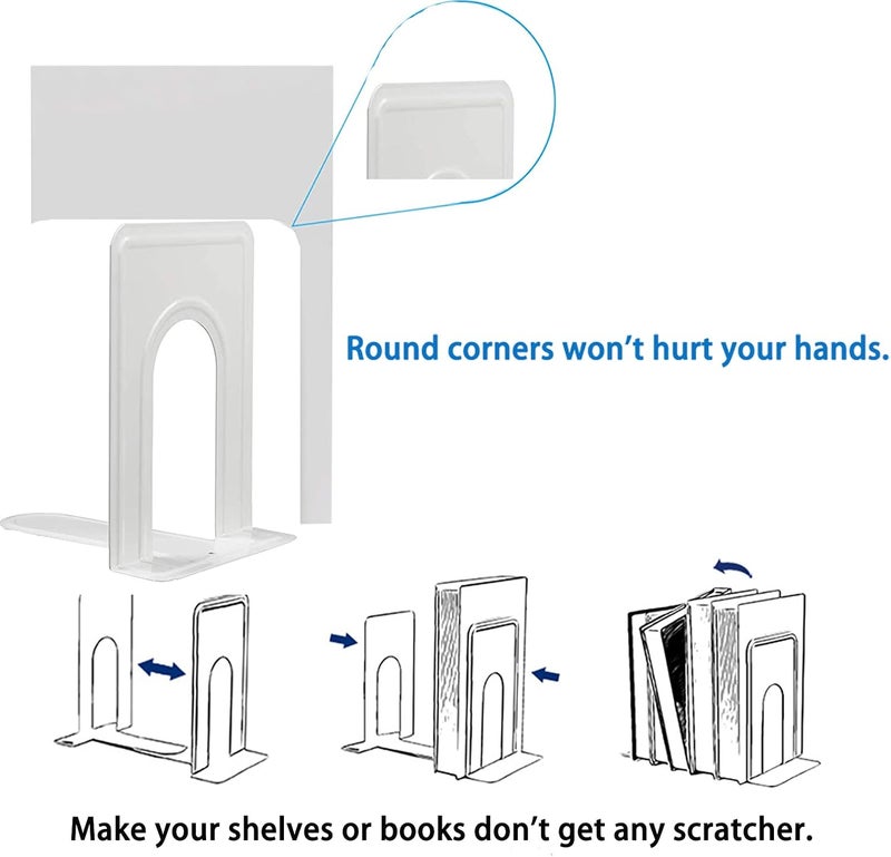 COLOGO Metal Bookends for Home Office, Book Shelf Holder Home Decorative, Book Ends for Heavy Books/Movies/CDs, White 6.5 x 5 x 5.7 in, 4 Pair/ 8 Piece - Image 2